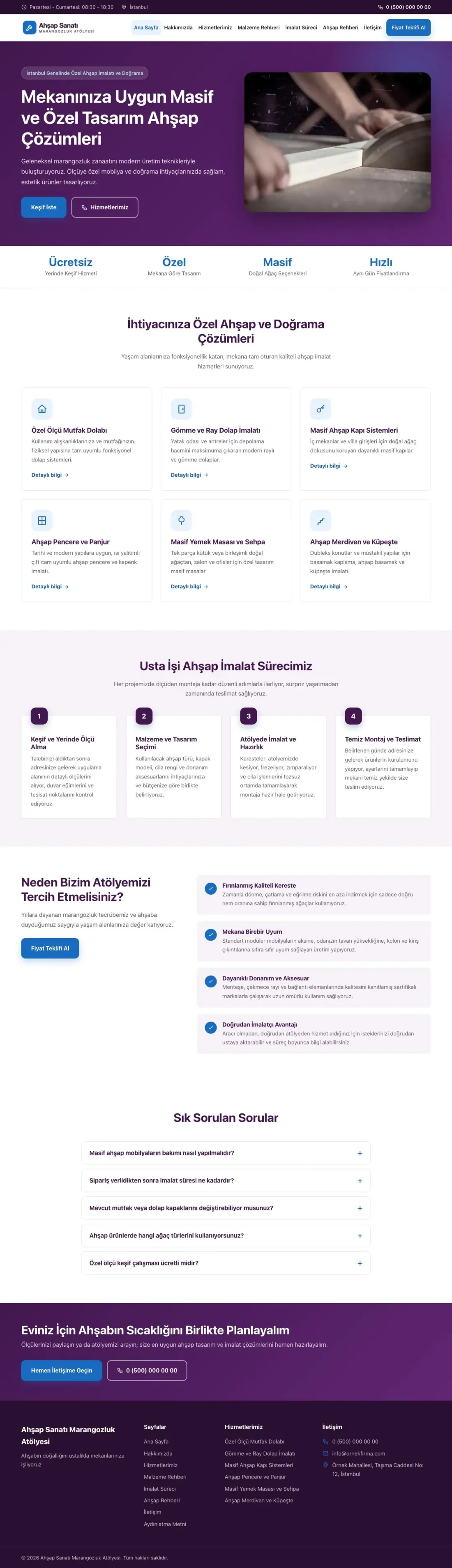 Klasik Mor Mavi – Marangoz ve Doğrama Web Sitesi ana sayfa görünümü
