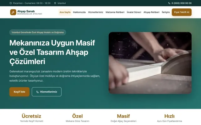 Klasik Petrol Turuncu – Marangoz ve Doğrama Web Sitesi ana sayfa görünümü