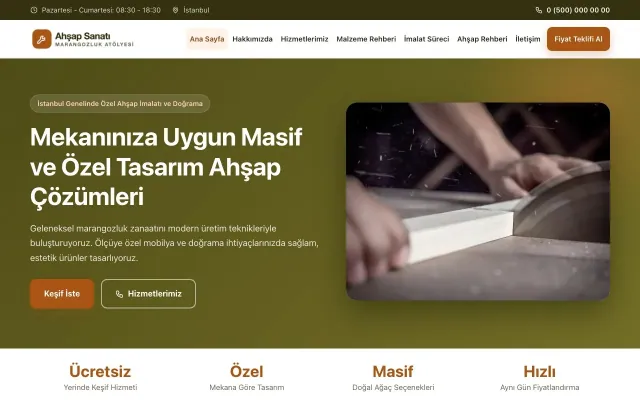 Klasik Zeytin Turuncu – Marangoz ve Doğrama Web Sitesi ana sayfa görünümü