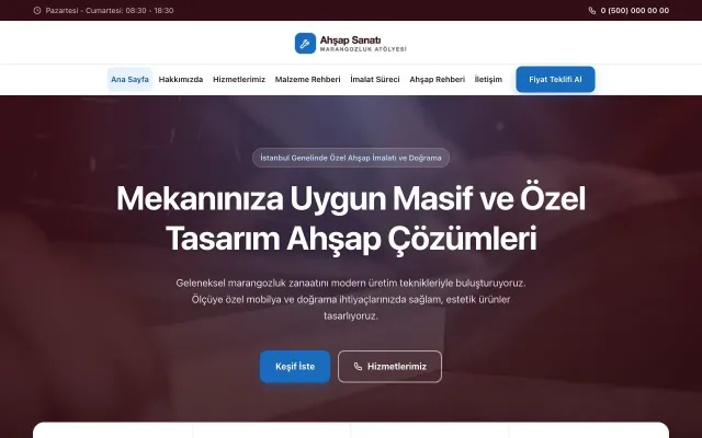 Merkez Bordo Mavi – Marangoz ve Doğrama Web Sitesi ana sayfa görünümü
