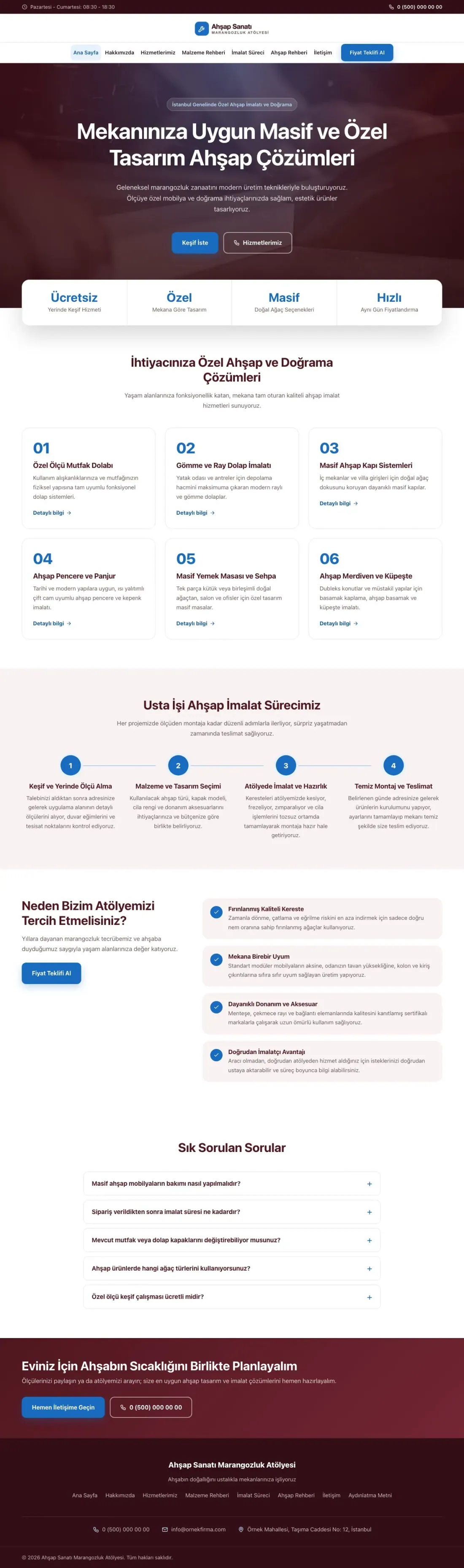 Merkez Bordo Mavi – Marangoz ve Doğrama Web Sitesi ana sayfa görünümü