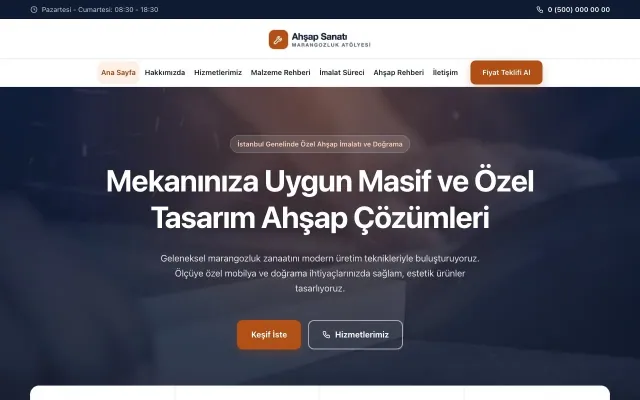 Merkez Mavi Turuncu – Marangoz ve Doğrama Web Sitesi ana sayfa görünümü