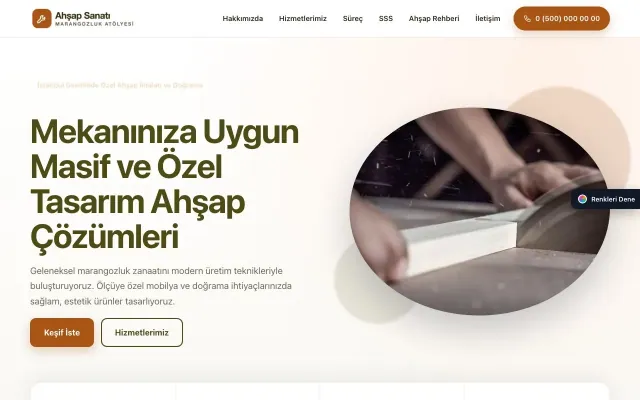 Marangoz ve Doğrama için Tek Sayfa Zeytin Turuncu – Marangoz ve Doğrama Web Sitesi ana sayfa görünümü