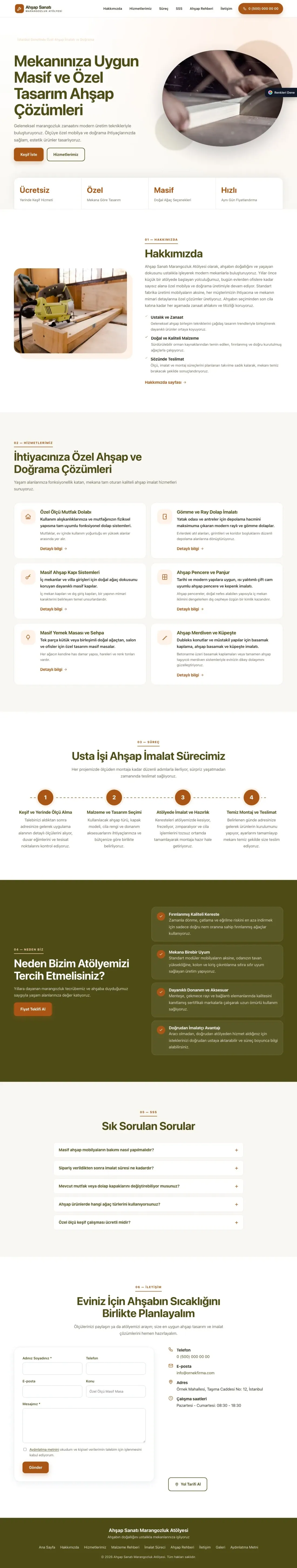 Marangoz ve Doğrama için Tek Sayfa Zeytin Turuncu – Marangoz ve Doğrama Web Sitesi ana sayfa görünümü