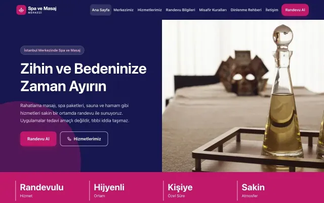 Blok Lacivert Pembe – Masaj ve Spa Web Sitesi ana sayfa görünümü