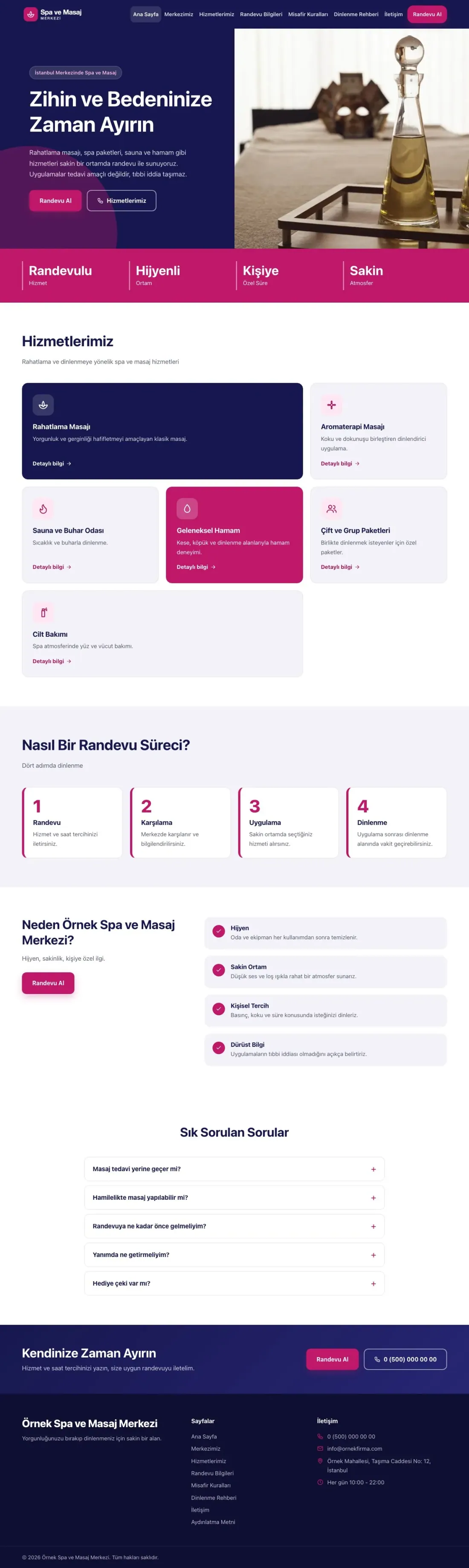 Blok Lacivert Pembe – Masaj ve Spa Web Sitesi ana sayfa görünümü