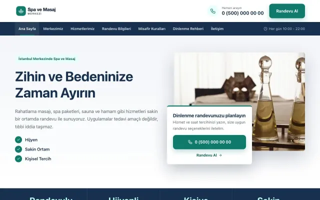 Bölünmüş Mavi Turkuaz – Masaj ve Spa Web Sitesi ana sayfa görünümü
