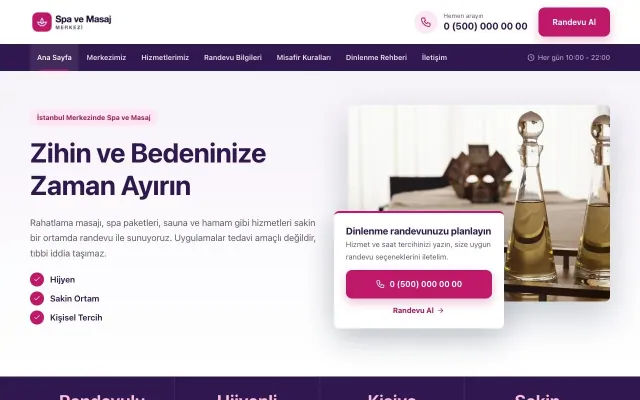 Bölünmüş Mor Pembe – Masaj ve Spa Web Sitesi ana sayfa görünümü