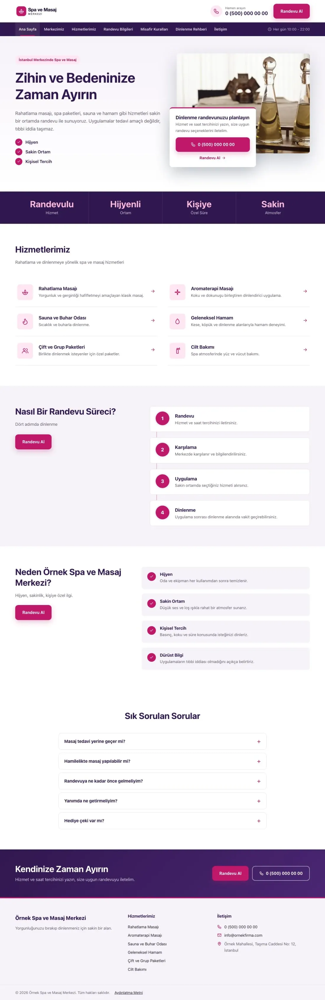 Bölünmüş Mor Pembe – Masaj ve Spa Web Sitesi ana sayfa görünümü