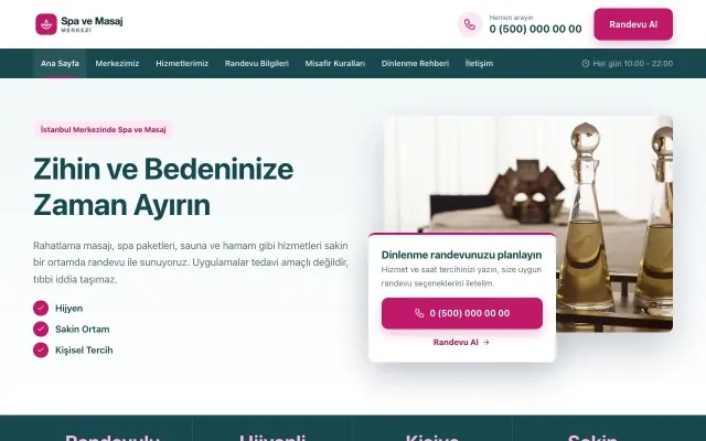 Bölünmüş Petrol Pembe – Masaj ve Spa Web Sitesi ana sayfa görünümü