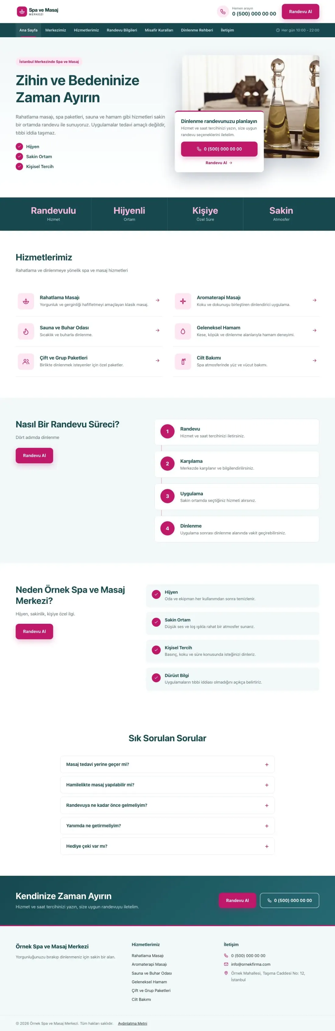 Bölünmüş Petrol Pembe – Masaj ve Spa Web Sitesi ana sayfa görünümü