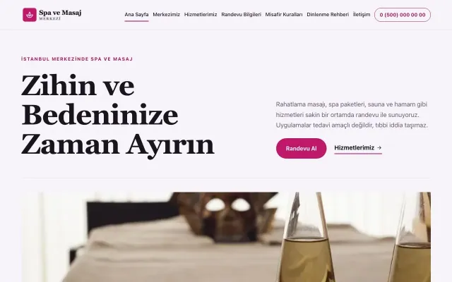 Editoryal Mor Pembe – Masaj ve Spa Web Sitesi ana sayfa görünümü