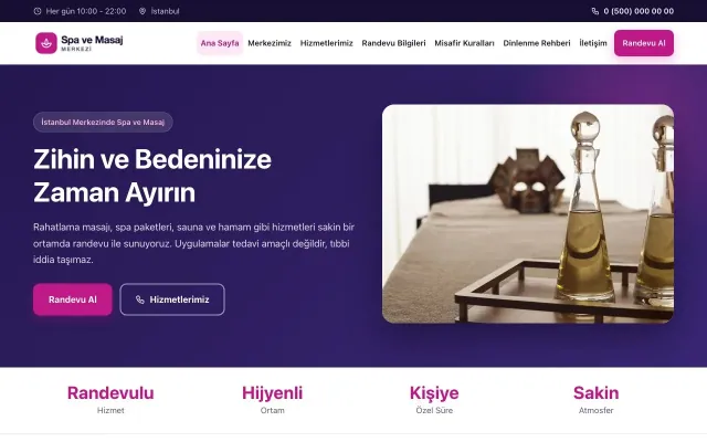 Klasik Lacivert Pembe – Masaj ve Spa Web Sitesi ana sayfa görünümü