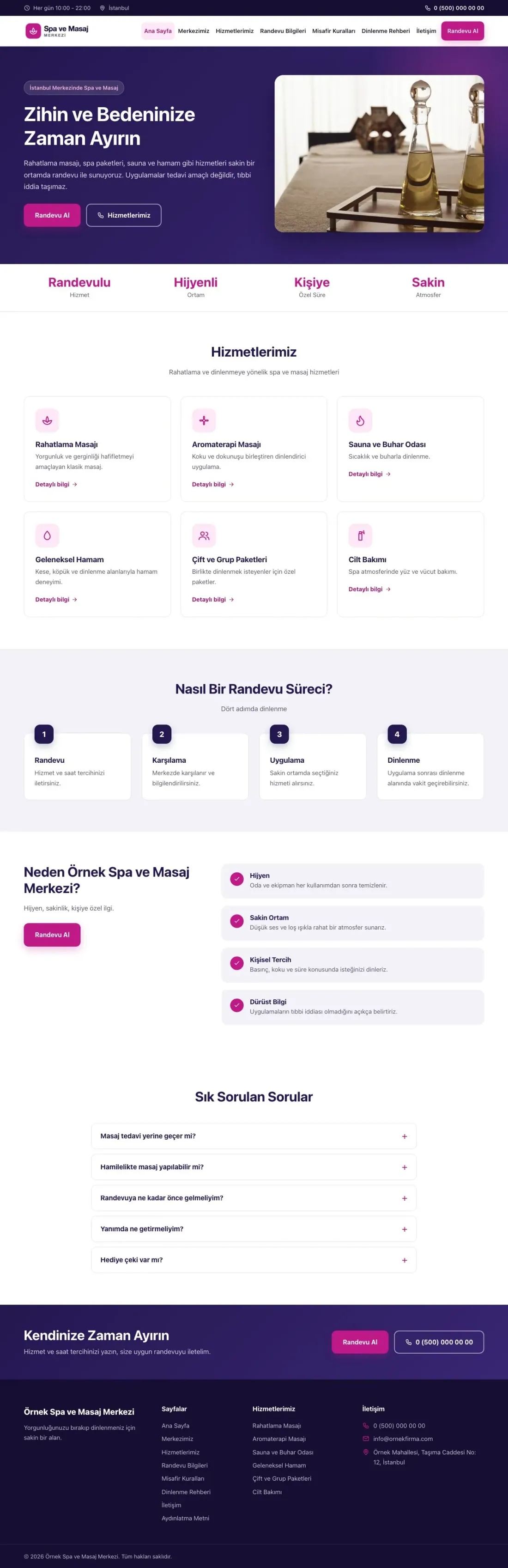 Klasik Lacivert Pembe – Masaj ve Spa Web Sitesi ana sayfa görünümü