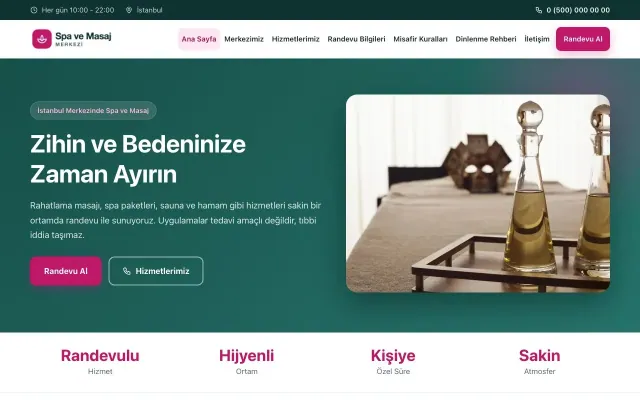 Klasik Petrol Pembe – Masaj ve Spa Web Sitesi ana sayfa görünümü