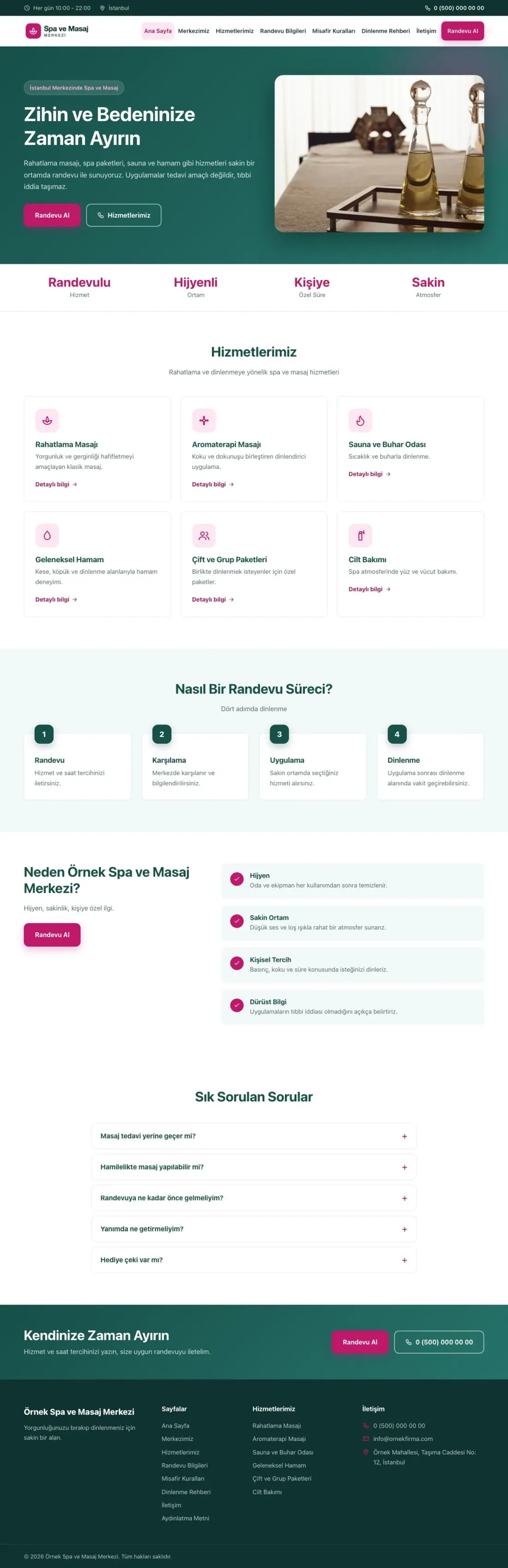 Klasik Petrol Pembe – Masaj ve Spa Web Sitesi ana sayfa görünümü