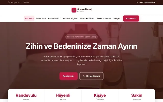 Merkez Bordo Kırmızı – Masaj ve Spa Web Sitesi ana sayfa görünümü