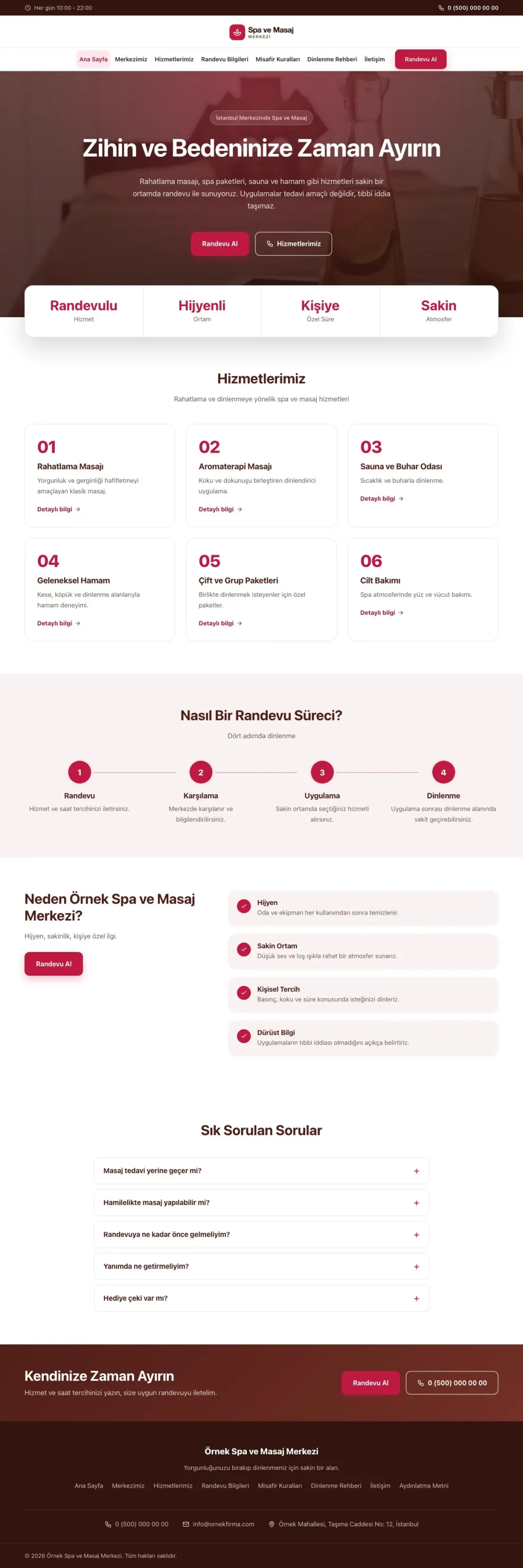 Merkez Bordo Kırmızı – Masaj ve Spa Web Sitesi ana sayfa görünümü