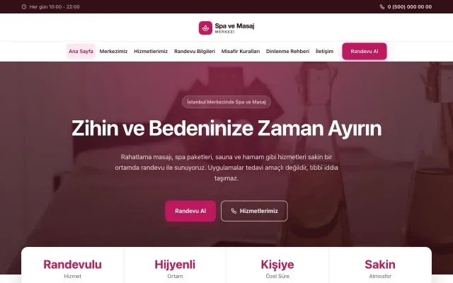 Merkez Bordo Pembe – Masaj ve Spa Web Sitesi ana sayfa görünümü