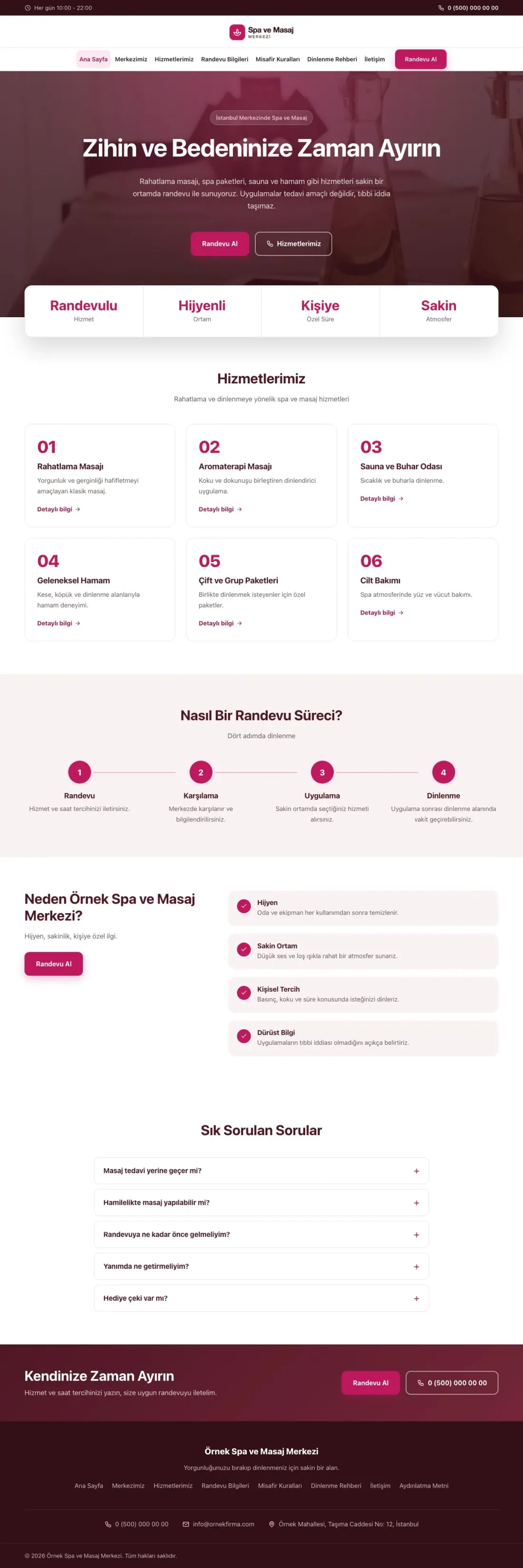 Merkez Bordo Pembe – Masaj ve Spa Web Sitesi ana sayfa görünümü