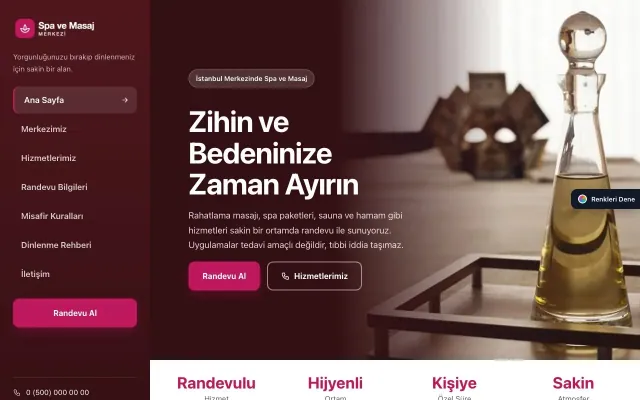 Masaj ve Spa için Sol Menü Bordo Pembe – Masaj ve Spa Web Sitesi ana sayfa görünümü