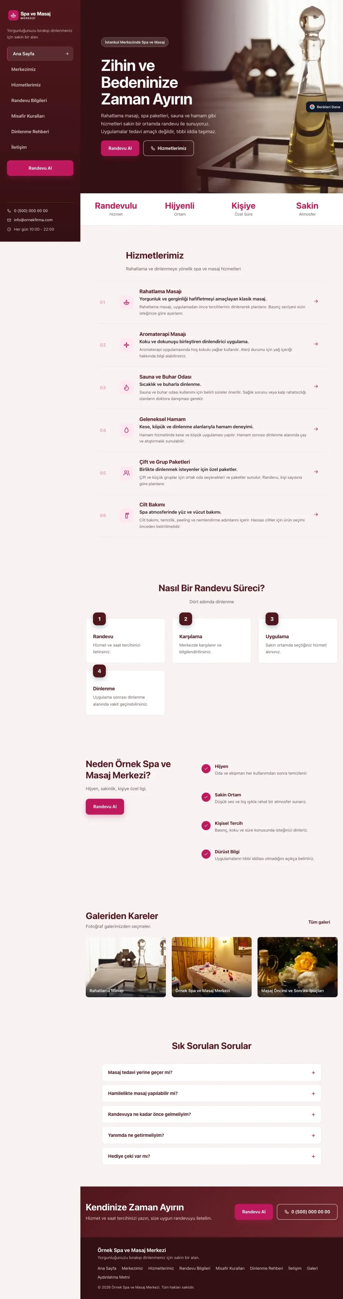 Masaj ve Spa için Sol Menü Bordo Pembe – Masaj ve Spa Web Sitesi ana sayfa görünümü