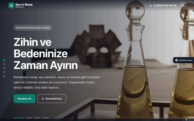 Masaj ve Spa için Tam Ekran Erik Turkuaz – Masaj ve Spa Web Sitesi ana sayfa görünümü