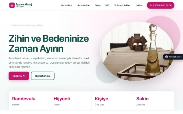 Masaj ve Spa için Tek Sayfa Petrol Pembe – Masaj ve Spa Web Sitesi ana sayfa görünümü