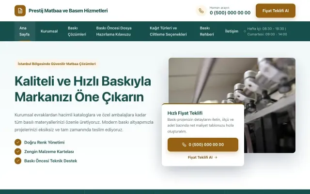 Matbaa için Bölünmüş Petrol Turuncu – Matbaa Web Sitesi ana sayfa görünümü