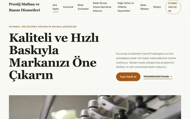 Matbaa için Editoryal Zeytin Turuncu – Matbaa Web Sitesi ana sayfa görünümü
