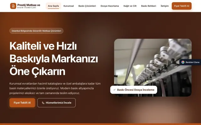 Matbaa için Hareketli Kahve Turuncu – Matbaa Web Sitesi ana sayfa görünümü