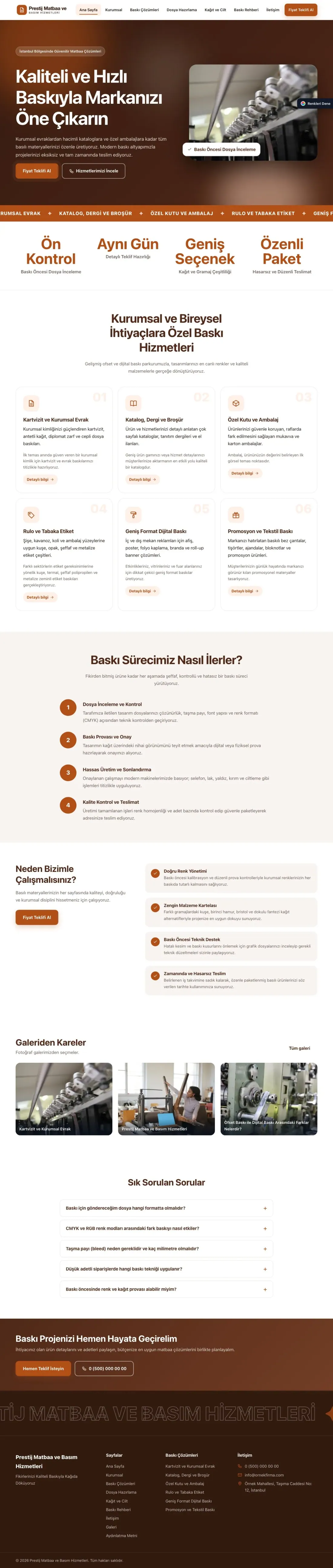 Matbaa için Hareketli Kahve Turuncu – Matbaa Web Sitesi ana sayfa görünümü