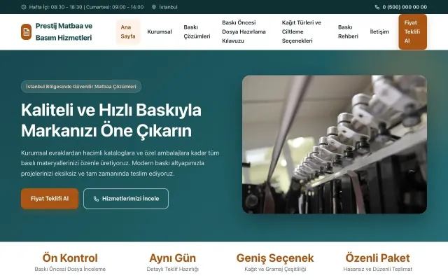 Matbaa için Klasik Petrol Turuncu – Matbaa Web Sitesi ana sayfa görünümü