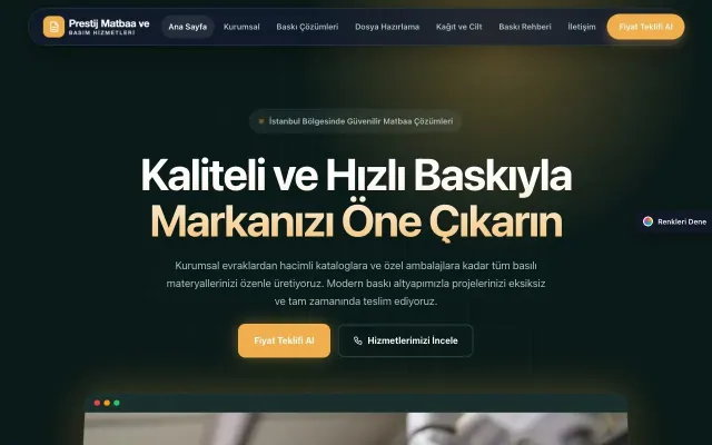 Matbaa için Koyu Modern Petrol Turuncu – Matbaa Web Sitesi ana sayfa görünümü