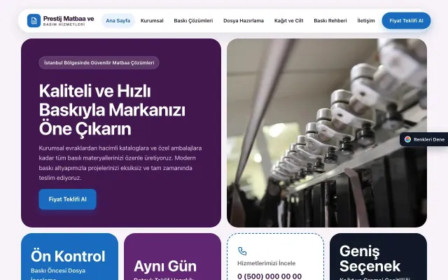 Matbaa için Mozaik Mor Mavi – Matbaa Web Sitesi ana sayfa görünümü