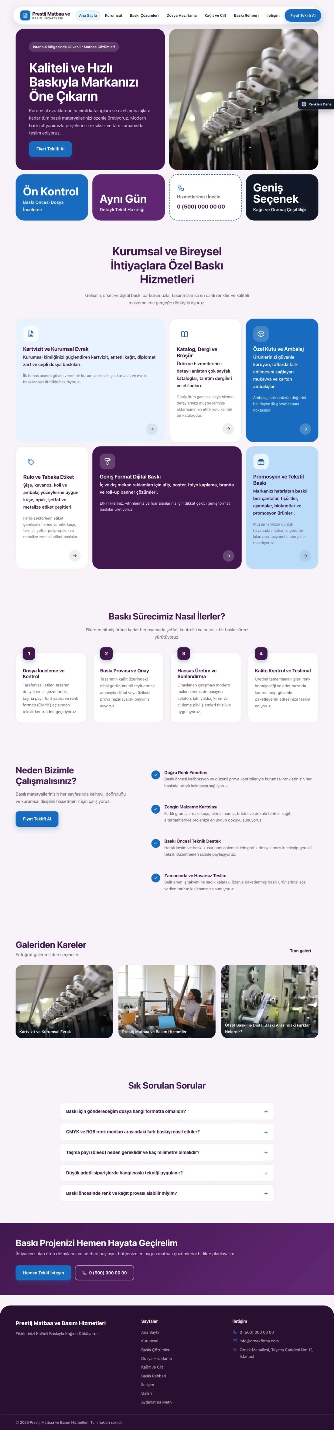 Matbaa için Mozaik Mor Mavi – Matbaa Web Sitesi ana sayfa görünümü