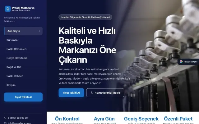 Matbaa için Sol Menü Lacivert Mavi – Matbaa Web Sitesi ana sayfa görünümü