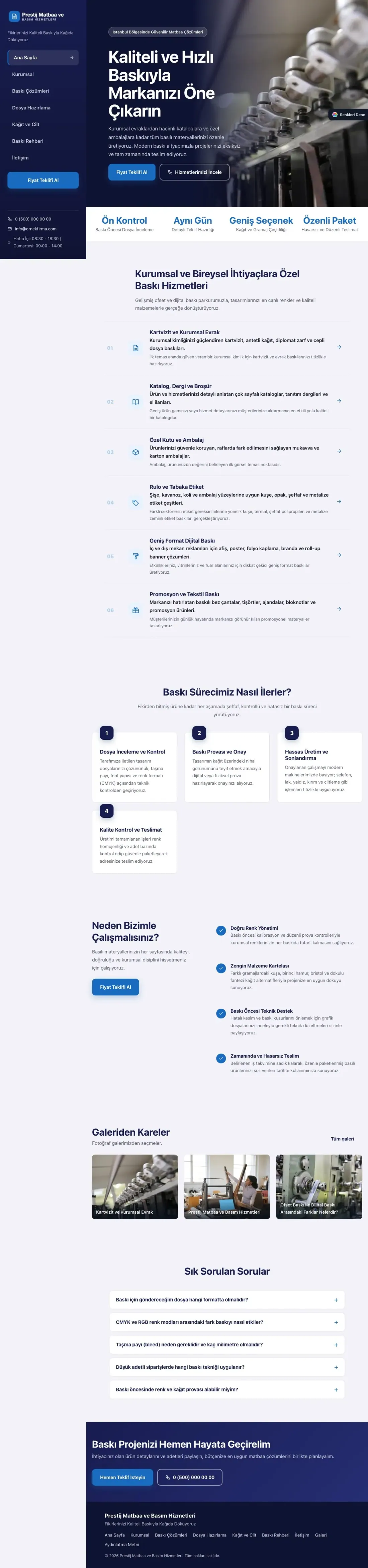 Matbaa için Sol Menü Lacivert Mavi – Matbaa Web Sitesi ana sayfa görünümü