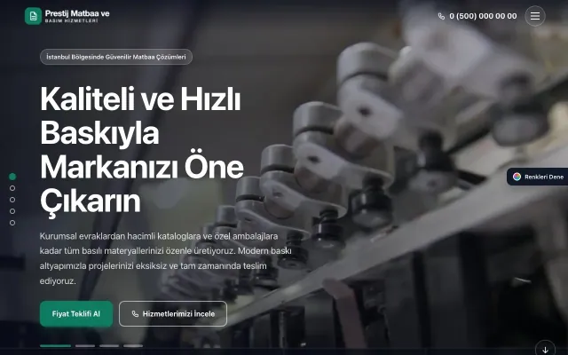 Matbaa için Tam Ekran Mor Turkuaz – Matbaa Web Sitesi ana sayfa görünümü