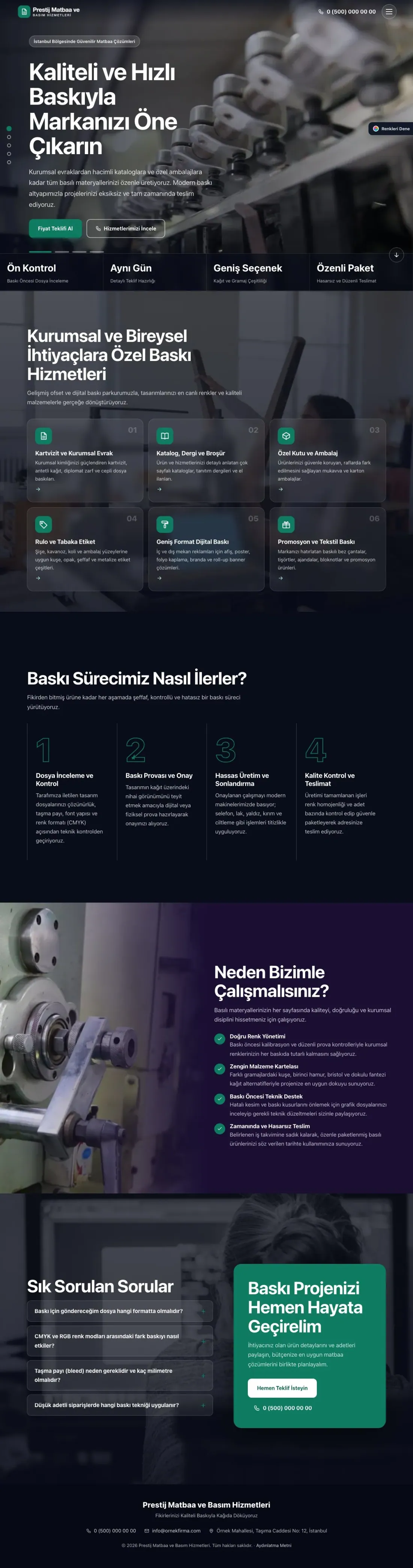 Matbaa için Tam Ekran Mor Turkuaz – Matbaa Web Sitesi ana sayfa görünümü