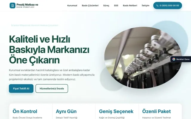 Matbaa için Tek Sayfa Petrol Turkuaz – Matbaa Web Sitesi ana sayfa görünümü