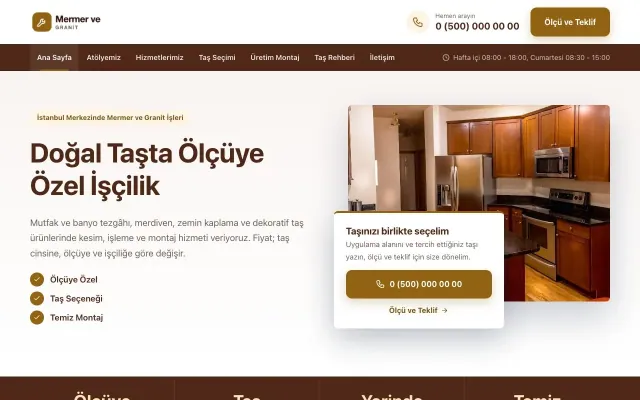 Mermer ve Granit için Bölünmüş Kahve Turuncu – Mermer ve Granit Web Sitesi ana sayfa görünümü