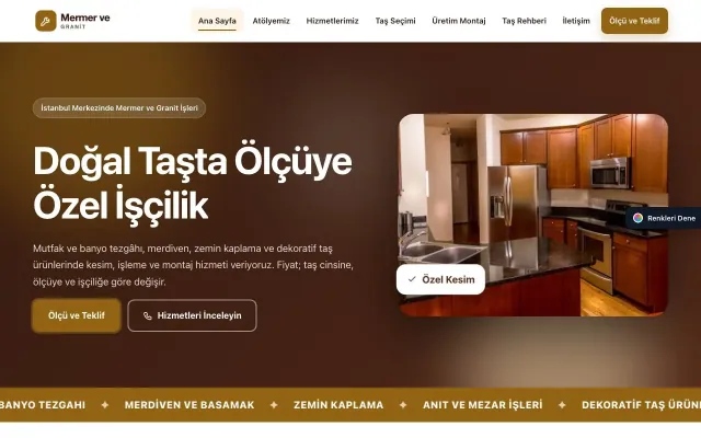 Mermer ve Granit için Hareketli Kahve Turuncu – Mermer ve Granit Web Sitesi ana sayfa görünümü