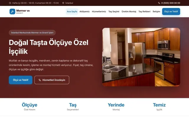 Mermer ve Granit için Klasik Bordo Mavi – Mermer ve Granit Web Sitesi ana sayfa görünümü