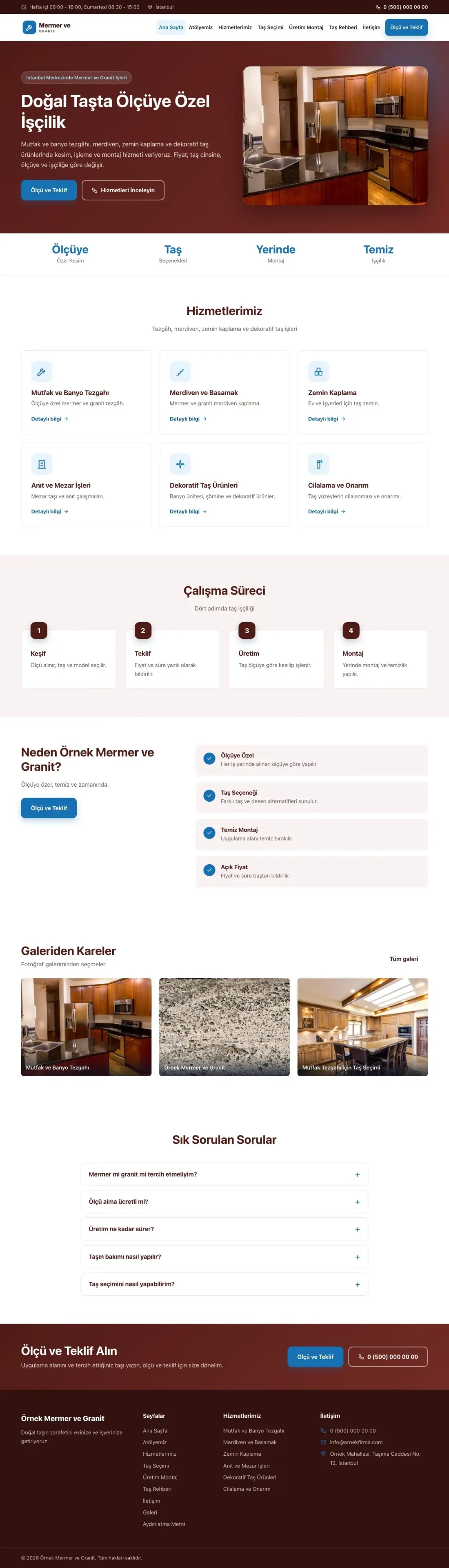 Mermer ve Granit için Klasik Bordo Mavi – Mermer ve Granit Web Sitesi ana sayfa görünümü
