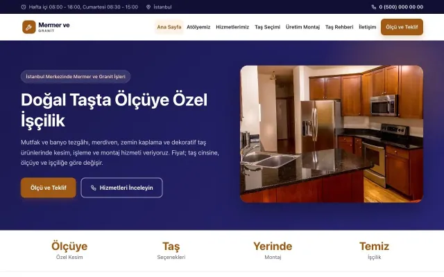 Mermer ve Granit için Klasik Lacivert Turuncu – Mermer ve Granit Web Sitesi ana sayfa görünümü