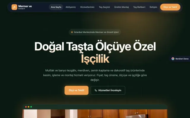 Mermer ve Granit için Koyu Modern Yeşil Turuncu – Mermer ve Granit Web Sitesi ana sayfa görünümü