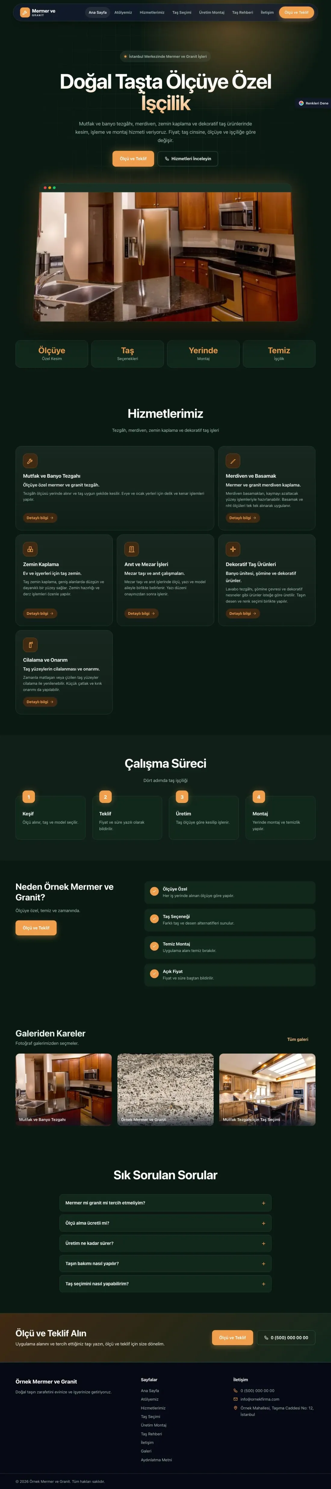 Mermer ve Granit için Koyu Modern Yeşil Turuncu – Mermer ve Granit Web Sitesi ana sayfa görünümü