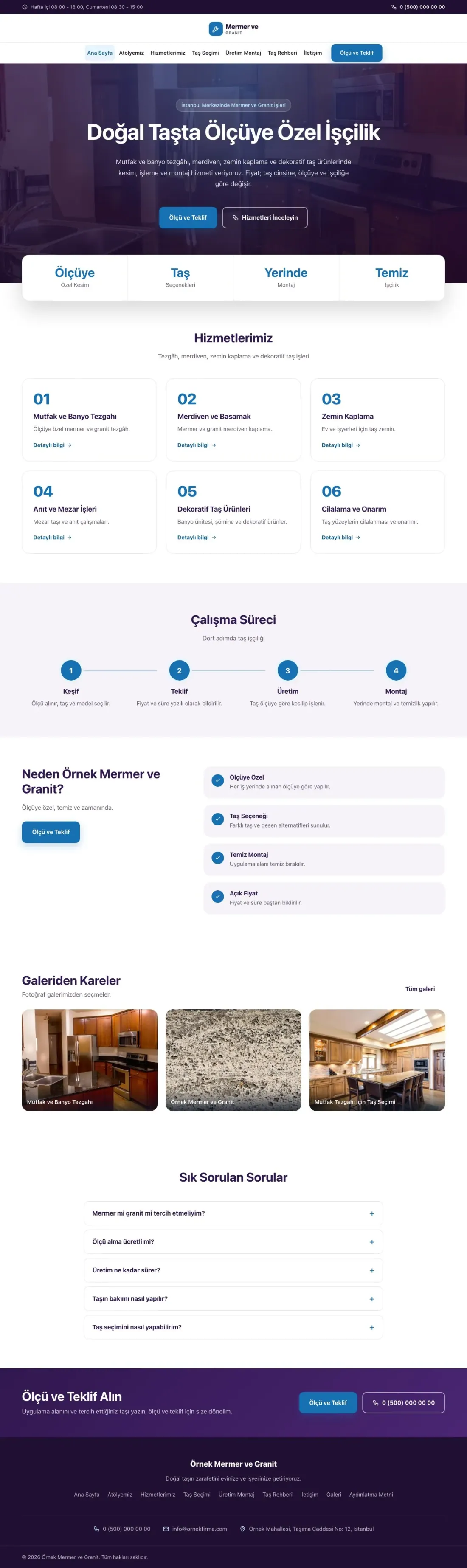 Mermer ve Granit için Merkez Mor Mavi – Mermer ve Granit Web Sitesi ana sayfa görünümü