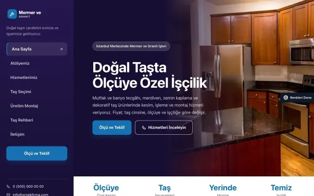 Mermer ve Granit için Sol Menü Lacivert Mavi – Mermer ve Granit Web Sitesi ana sayfa görünümü